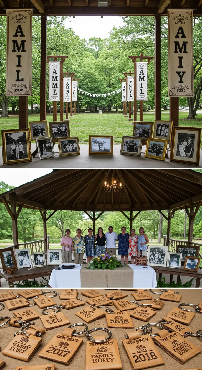 Llaveros de cuero cuadrados grabados para una reunión familiar.