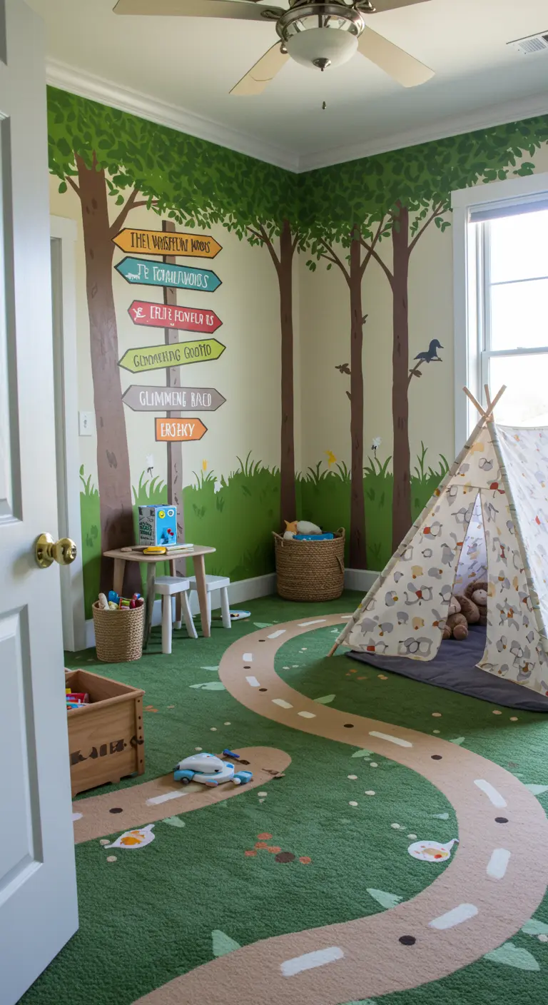 Habitación infantil con árboles pintados en la pared y un camino en la alfombra verde.