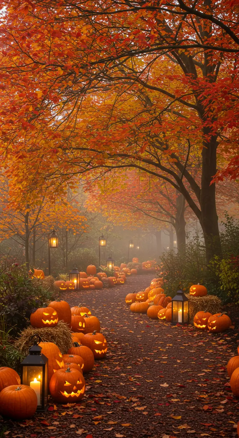 Camino en un bosque otoñal bordeado de calabazas talladas y farolillos encendidos.