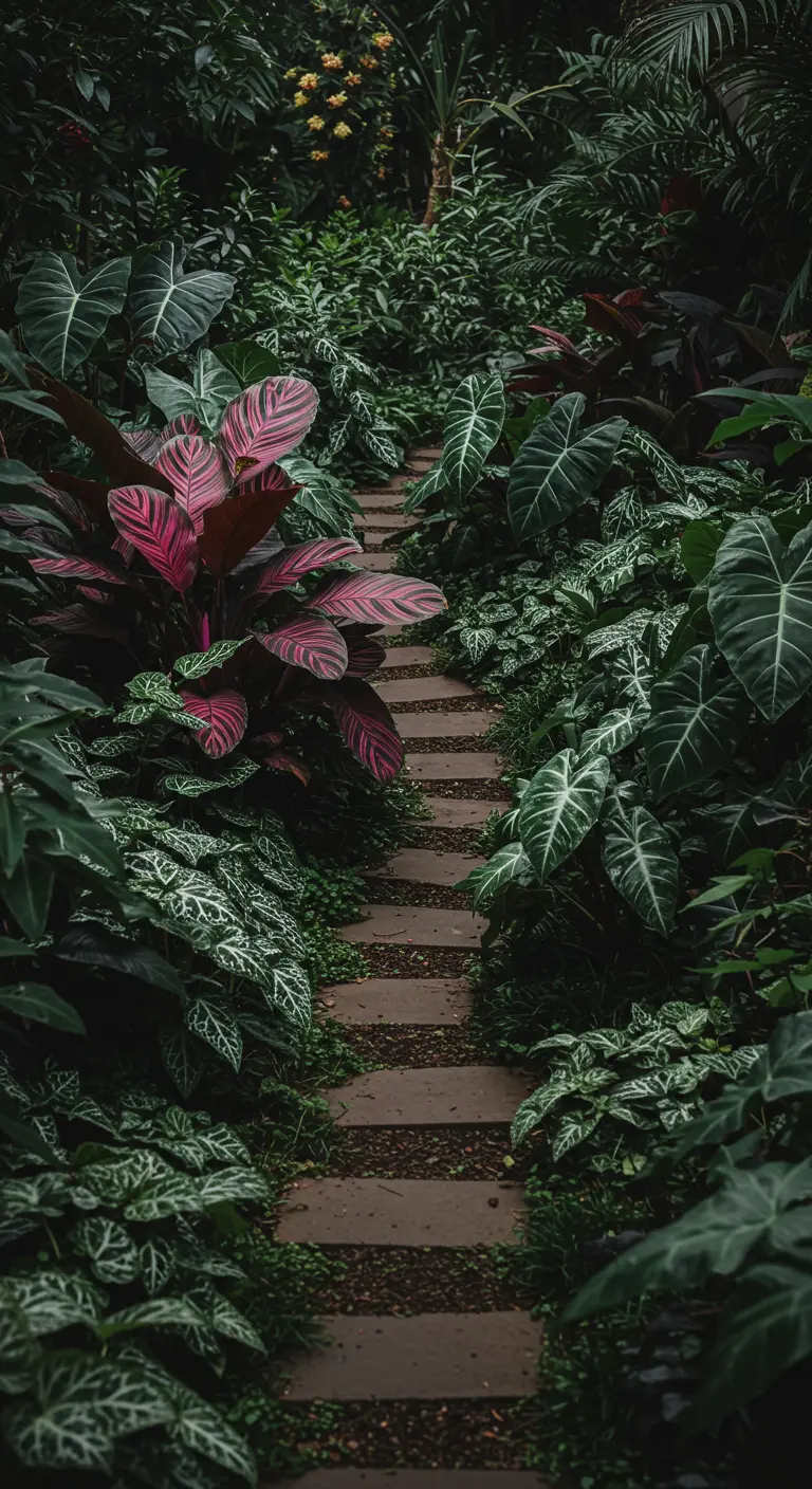 Sendero estrecho flanqueado por densas plantas de Caladium con hojas de color rosa y verde intenso.
