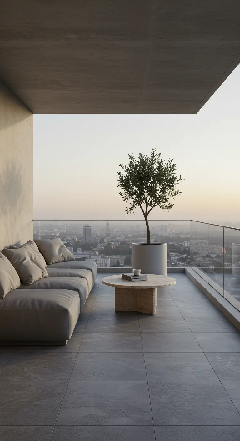 Balcón minimalista con un gran sofá gris, un olivo en maceta y vistas a la ciudad al atardecer