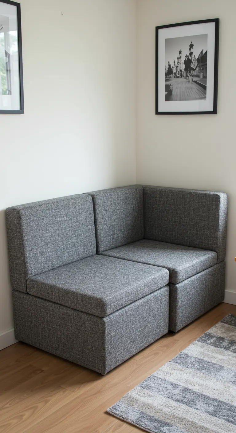 Sofá esquinero modular de dos piezas en tela gris, con cojines de asiento elevables.