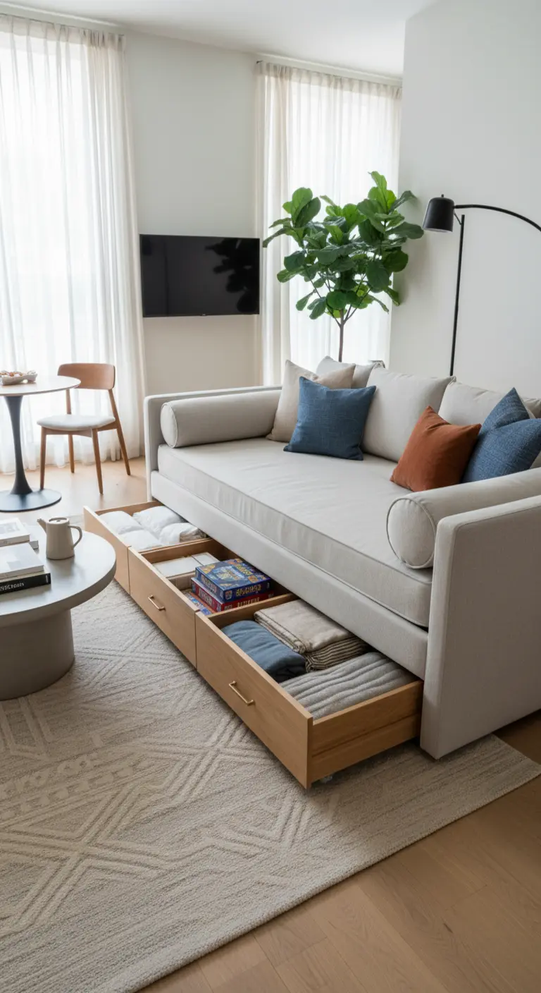 Sofá-cama de día con grandes cajones de madera extraíbles para almacenamiento en el salón.