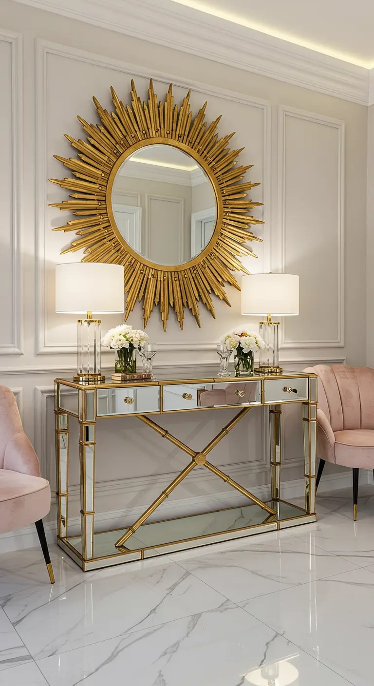 Consola de espejo y oro con un gran espejo sol y dos sillones rosas a los lados.