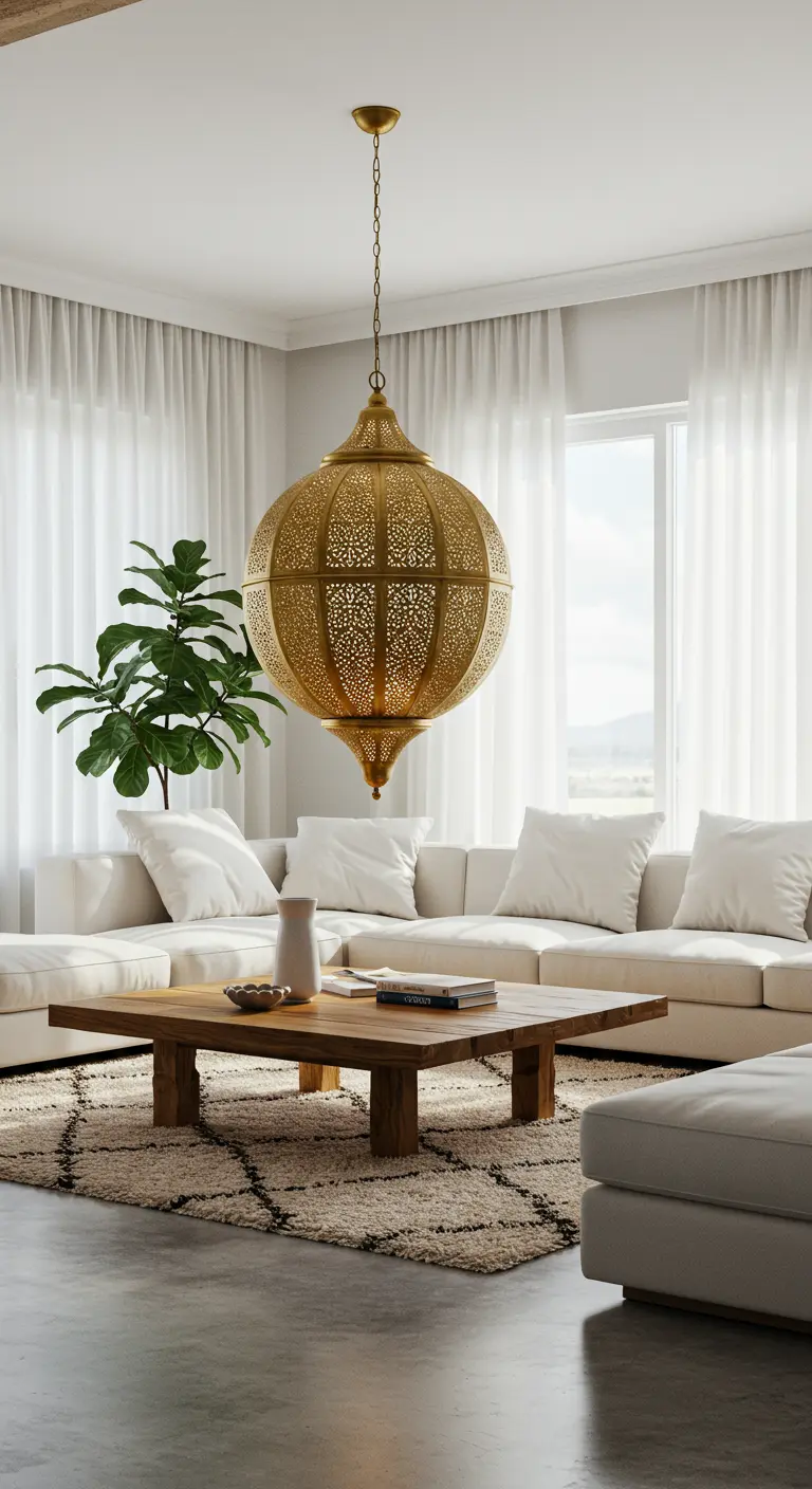Sala de estar minimalista con un gran farol colgante dorado sobre una mesa de centro de madera