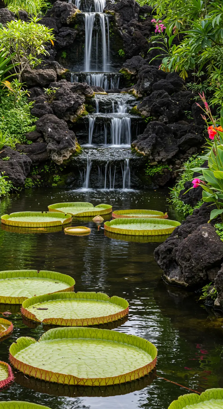 Cascada de varios niveles hecha con rocas volcánicas que cae a un estanque con nenúfares gigantes.