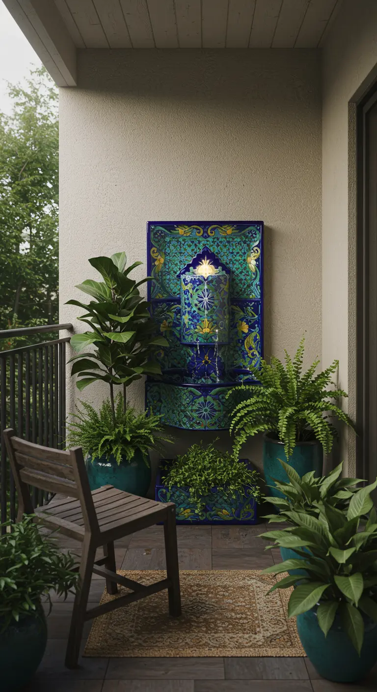 Balcón con una fuente de pared de cerámica de talavera y rodeada de plantas frondosas.