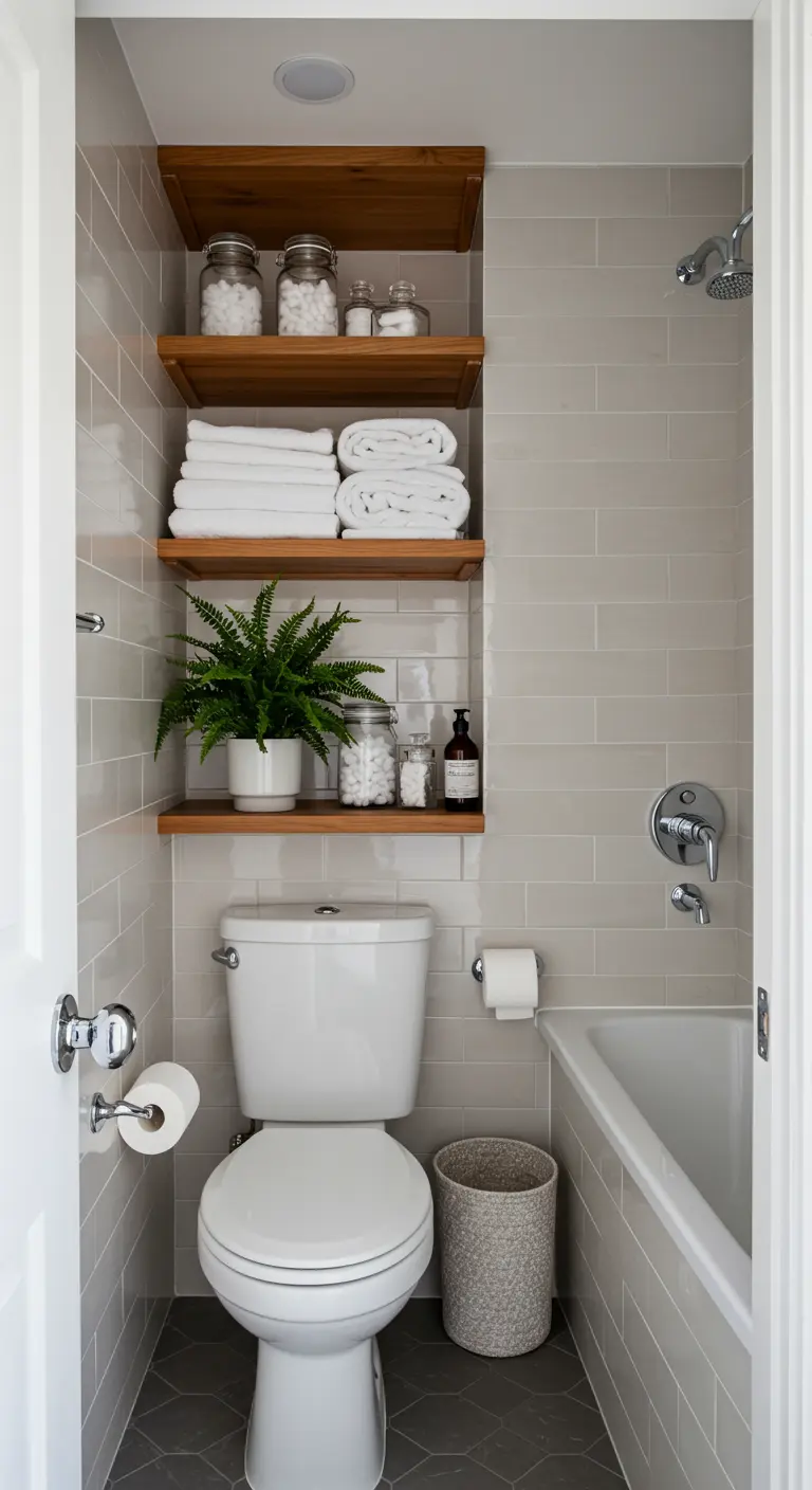 Baño pequeño con estantes de madera sobre el inodoro para toallas y plantas.