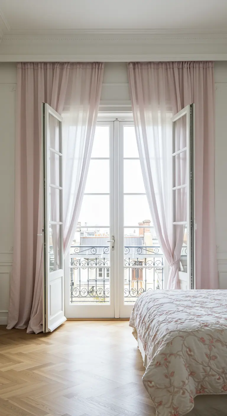 Dormitorio luminoso con puertas francesas altas y cortinas de lino rosa claro que ondean.