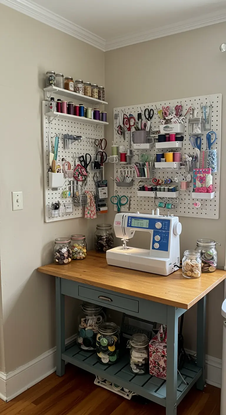 Rincón de costura con un tablero perforado en la pared para organizar materiales