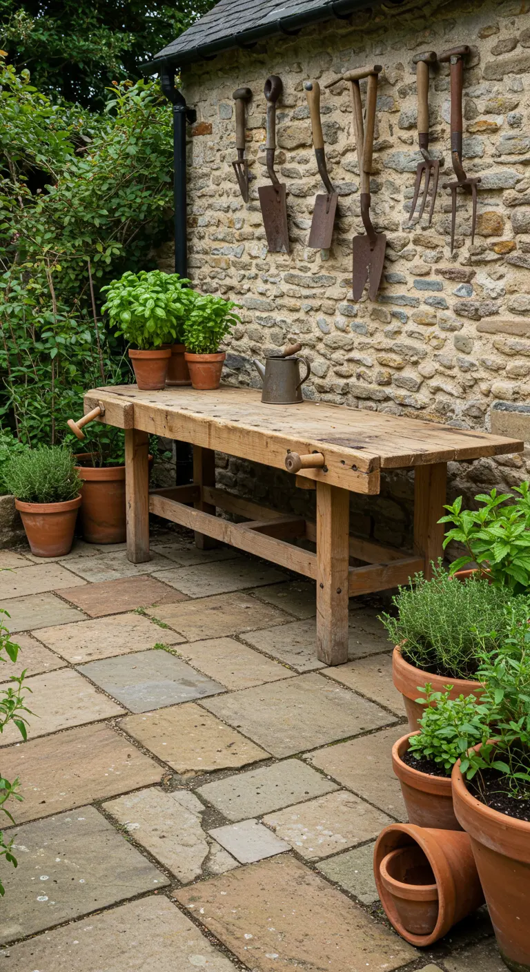 Banco de trabajo de madera antiguo en un patio de piedra, con macetas de hierbas y herramientas colgadas.