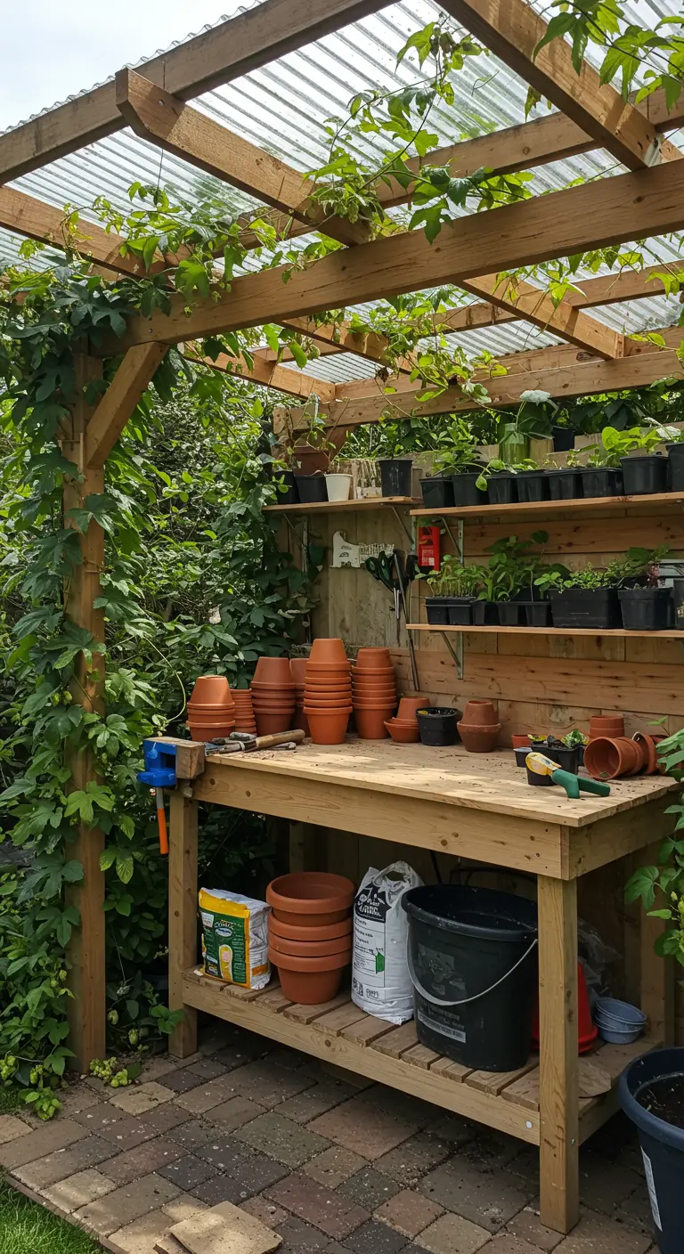 Pérgola de madera con techo transparente sobre un banco de trabajo para jardinería.