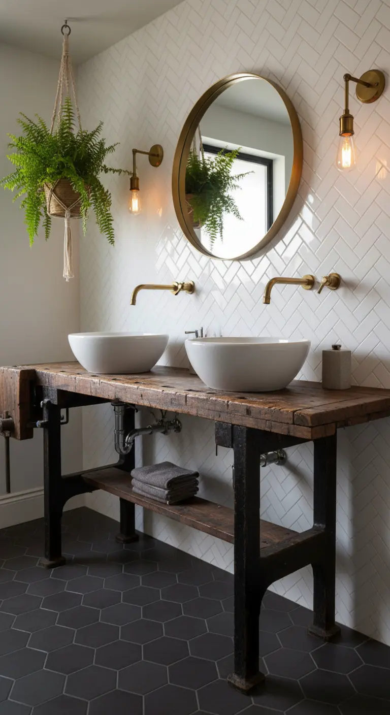 Mueble de baño hecho con un banco de trabajo antiguo, con lavabos modernos y pared de azulejos en espiga.