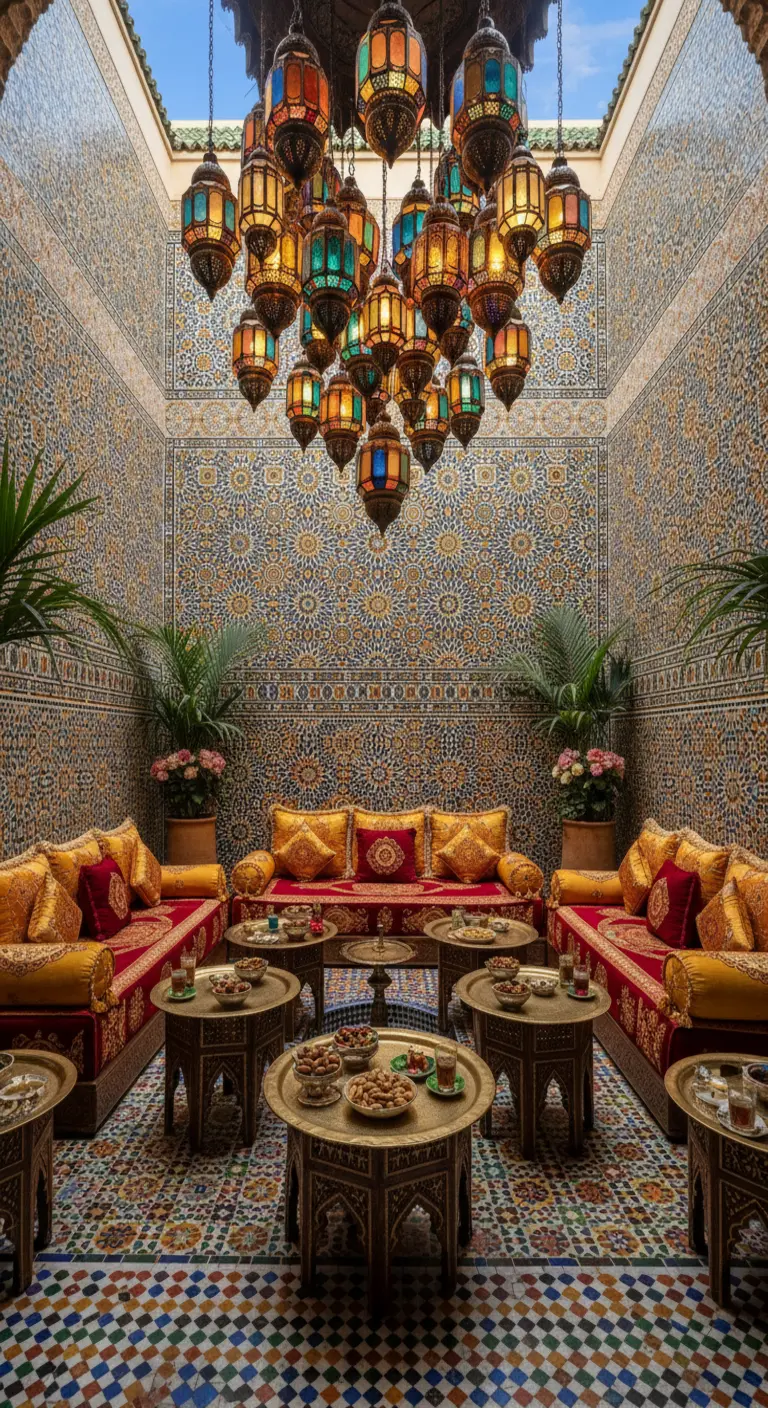 Patio interior marroquí con paredes de mosaico, sofás bajos rojos y dorados, y una gran lámpara de farolillos