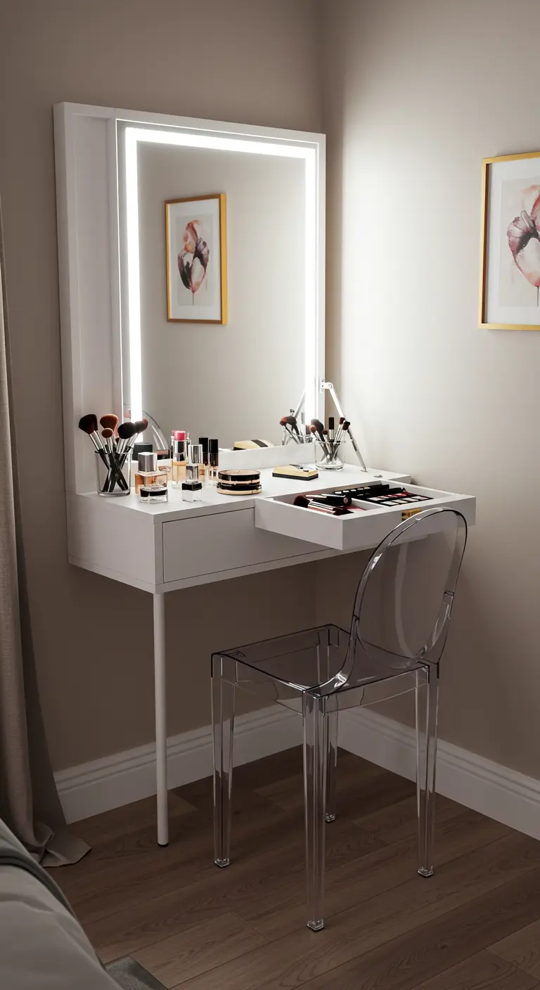 Tocador de esquina blanco con espejo iluminado, cajón extraíble y una silla acrílica transparente.