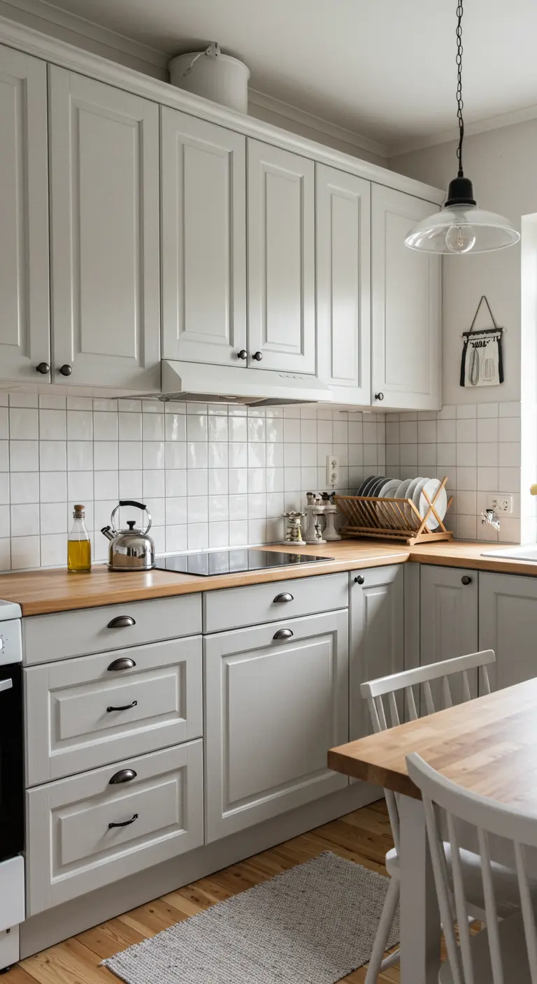 Cocina clásica blanca con azulejos cuadrados y encimera de madera.