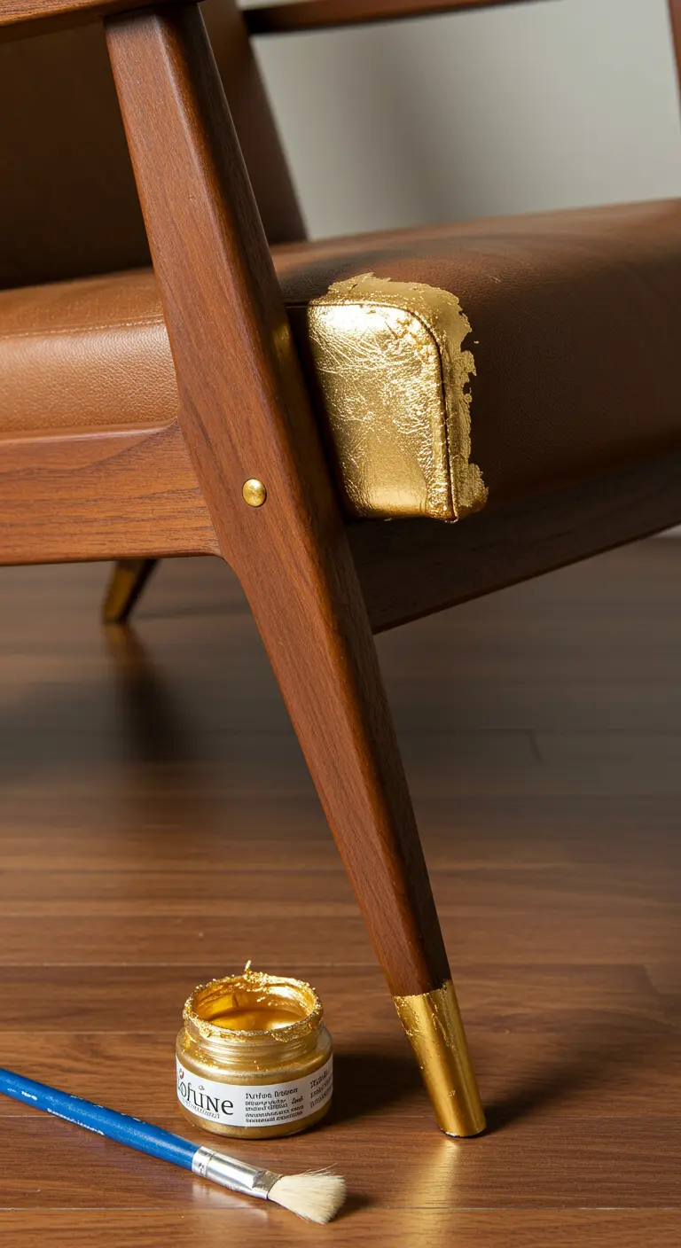 Detalle de una silla de madera de estilo Mid-Century con las patas y reposabrazos dorados.