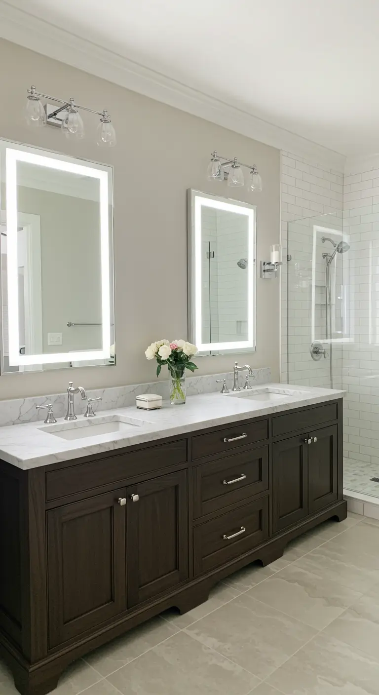 Baño tradicional con mueble de madera oscura, encimera de mármol blanco y espejos con luz.