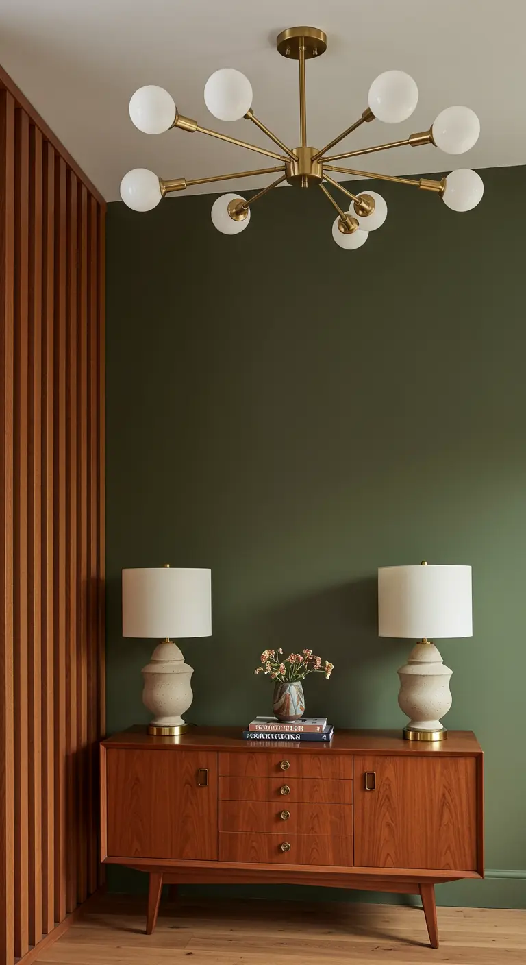 Recibidor mid-century con pared verde olivo, aparador de madera y lámparas doradas.