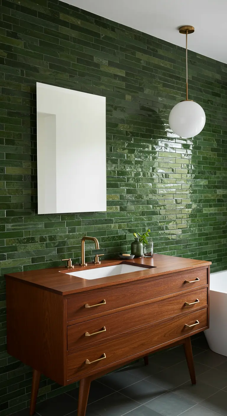 Baño Mid-Century con azulejos verdes verticales, mueble de teca y lámpara de globo.