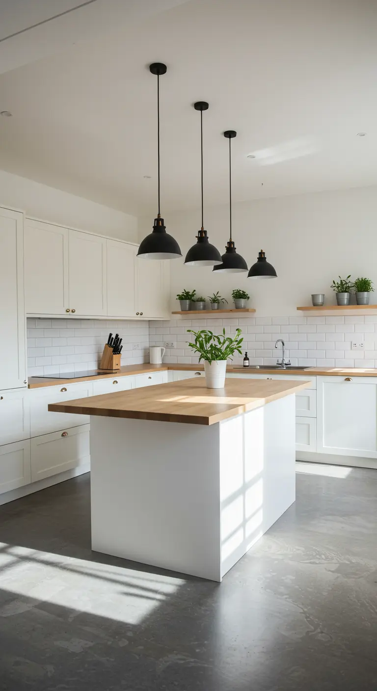 Cocina blanca con isla de madera, lámparas negras industriales y suelo de cemento pulido.