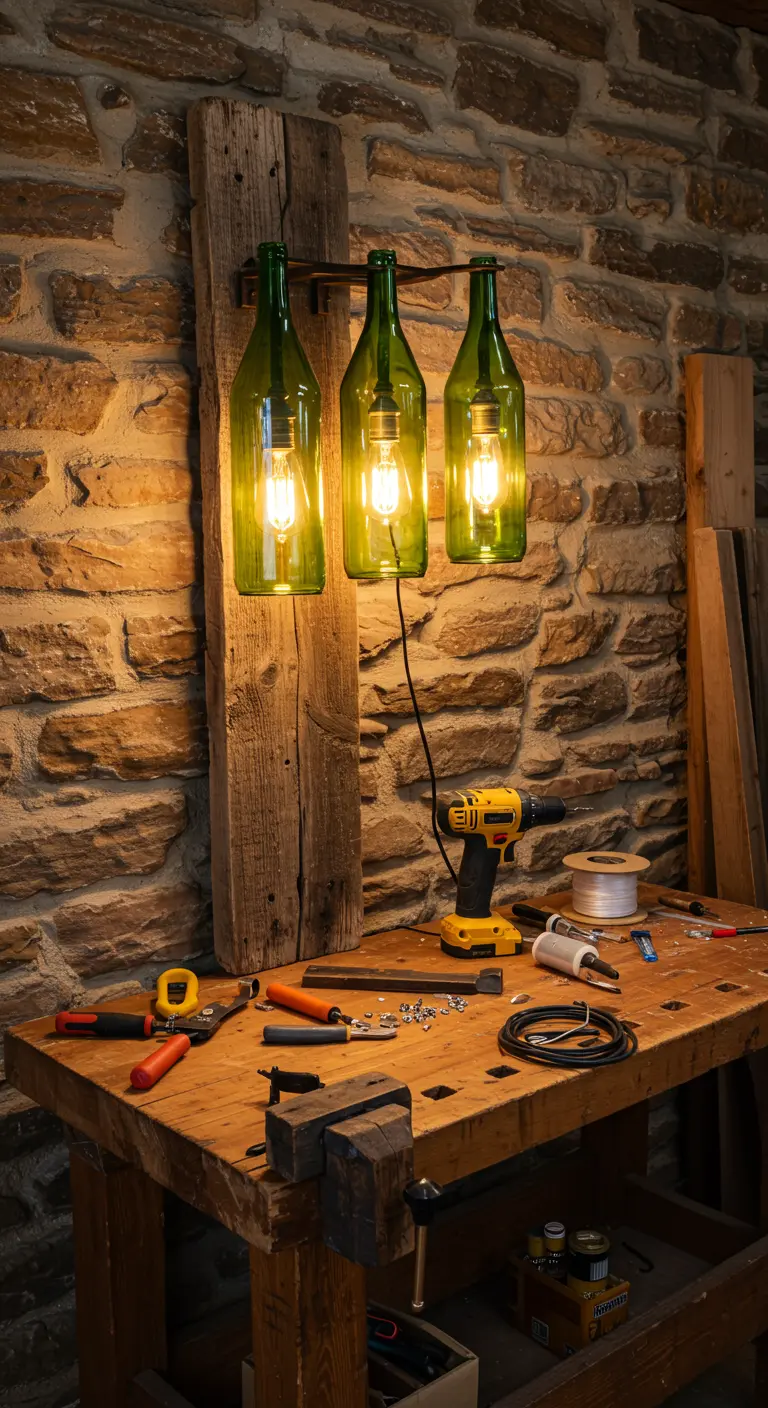 Lámpara de pared DIY con tres botellas de vino verdes montadas en una tabla de madera rústica.