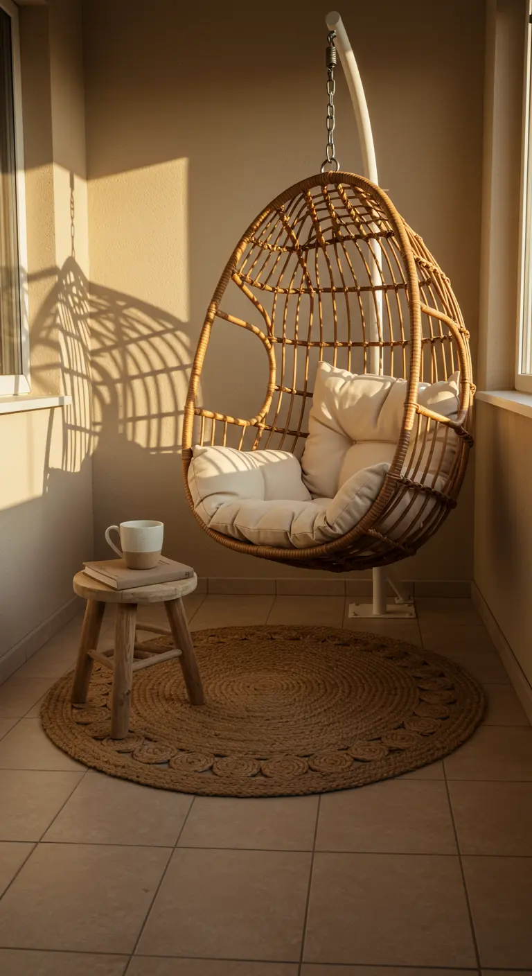 Rincón de balcón con una silla colgante de mimbre, cojines blancos, una alfombra de yute y luz cálida