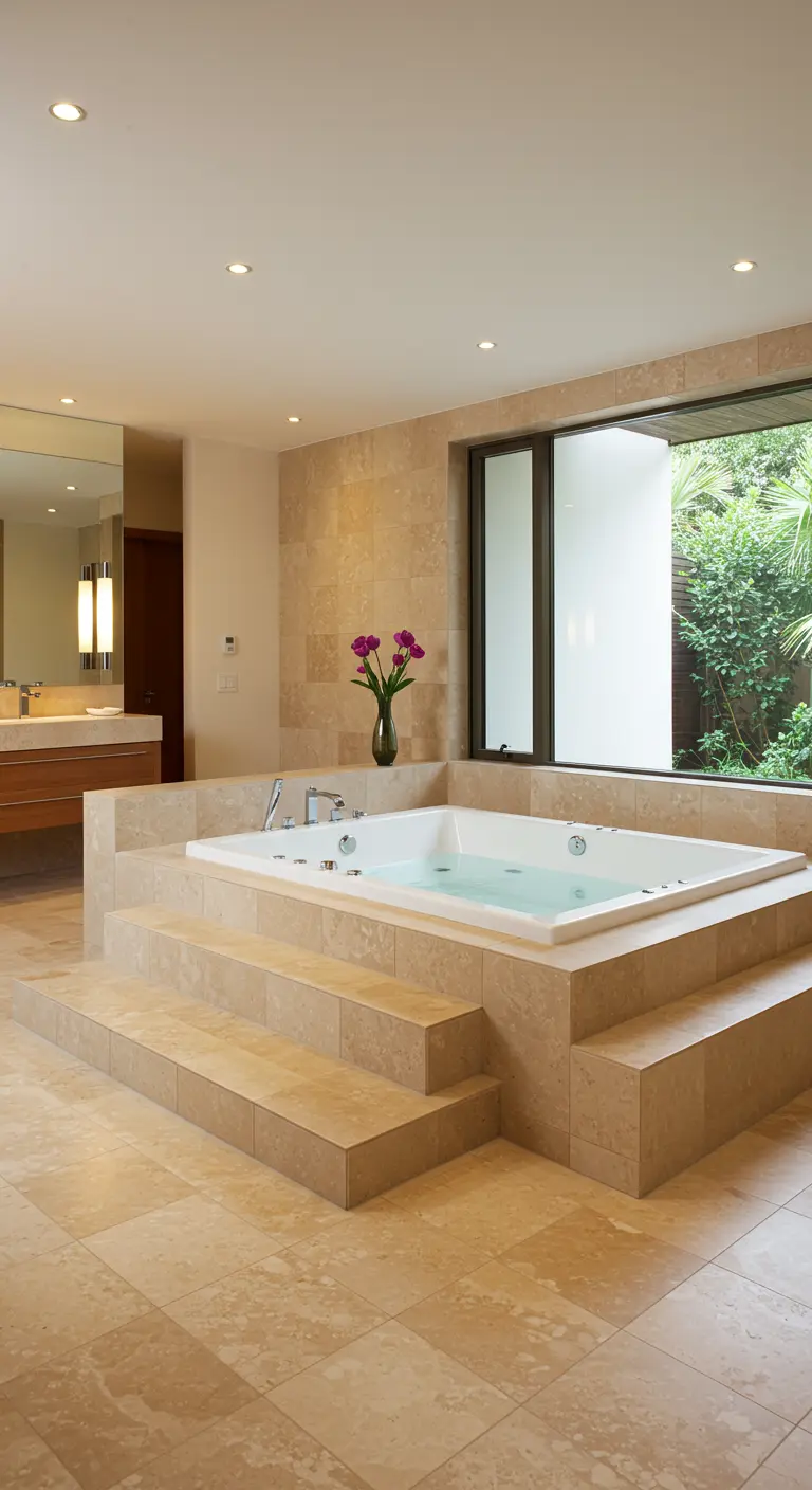 Bañera de hidromasaje elevada sobre una plataforma escalonada de mármol beige.