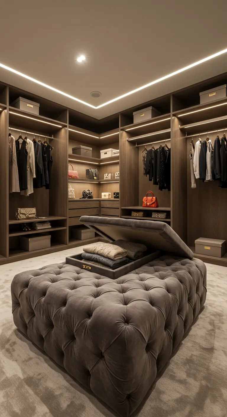 Gran otomana de terciopelo gris con tapa abierta en un vestidor de lujo con iluminación LED.