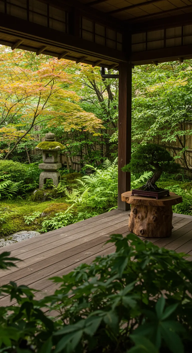 Un bonsái sobre una mesa hecha con un tronco de árbol en un porche de madera con vistas a un jardín.