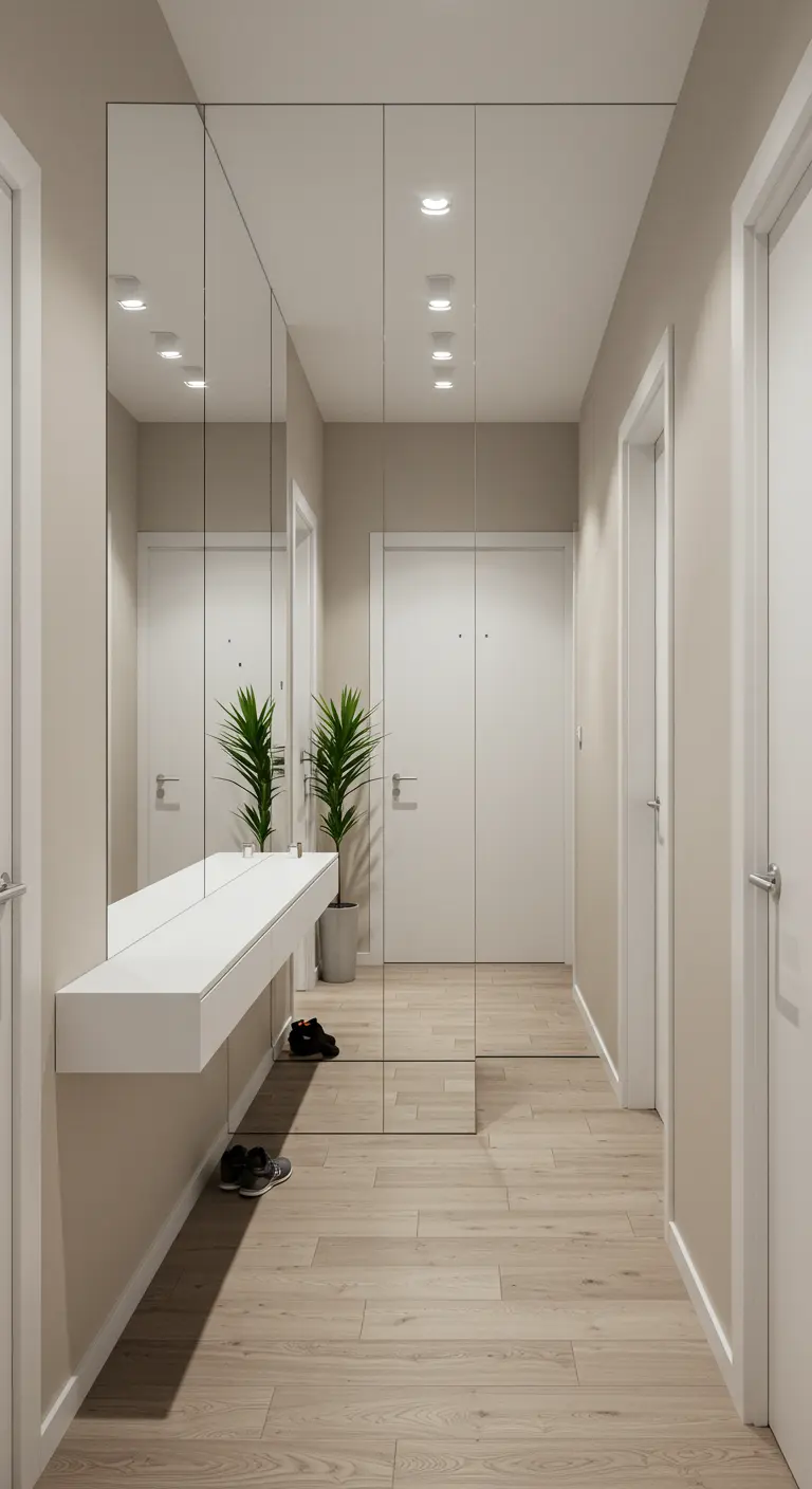 Pasillo estrecho con una pared completamente cubierta de espejos y una consola flotante blanca.