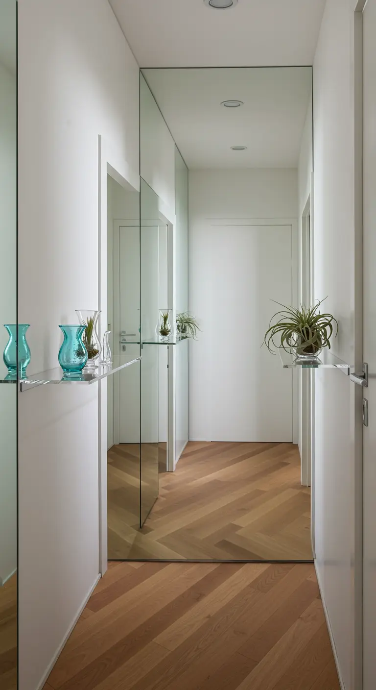 Pasillo estrecho con una pared de espejo y una delgada estantería de cristal con jarrones.