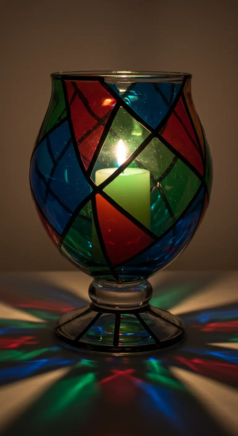 Portavelas de vidrio con diseño de vitral en colores vivos y una vela encendida.