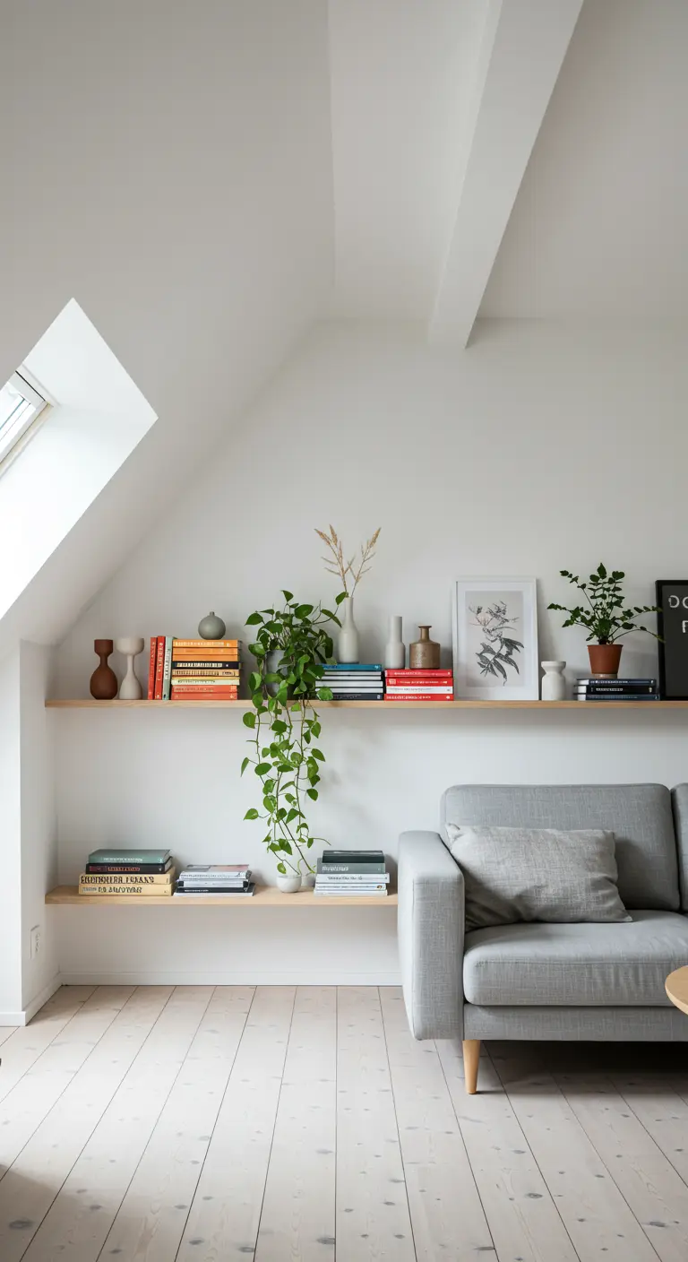 Estanterías de madera clara en una sala de estar abuhardillada con sofá gris.
