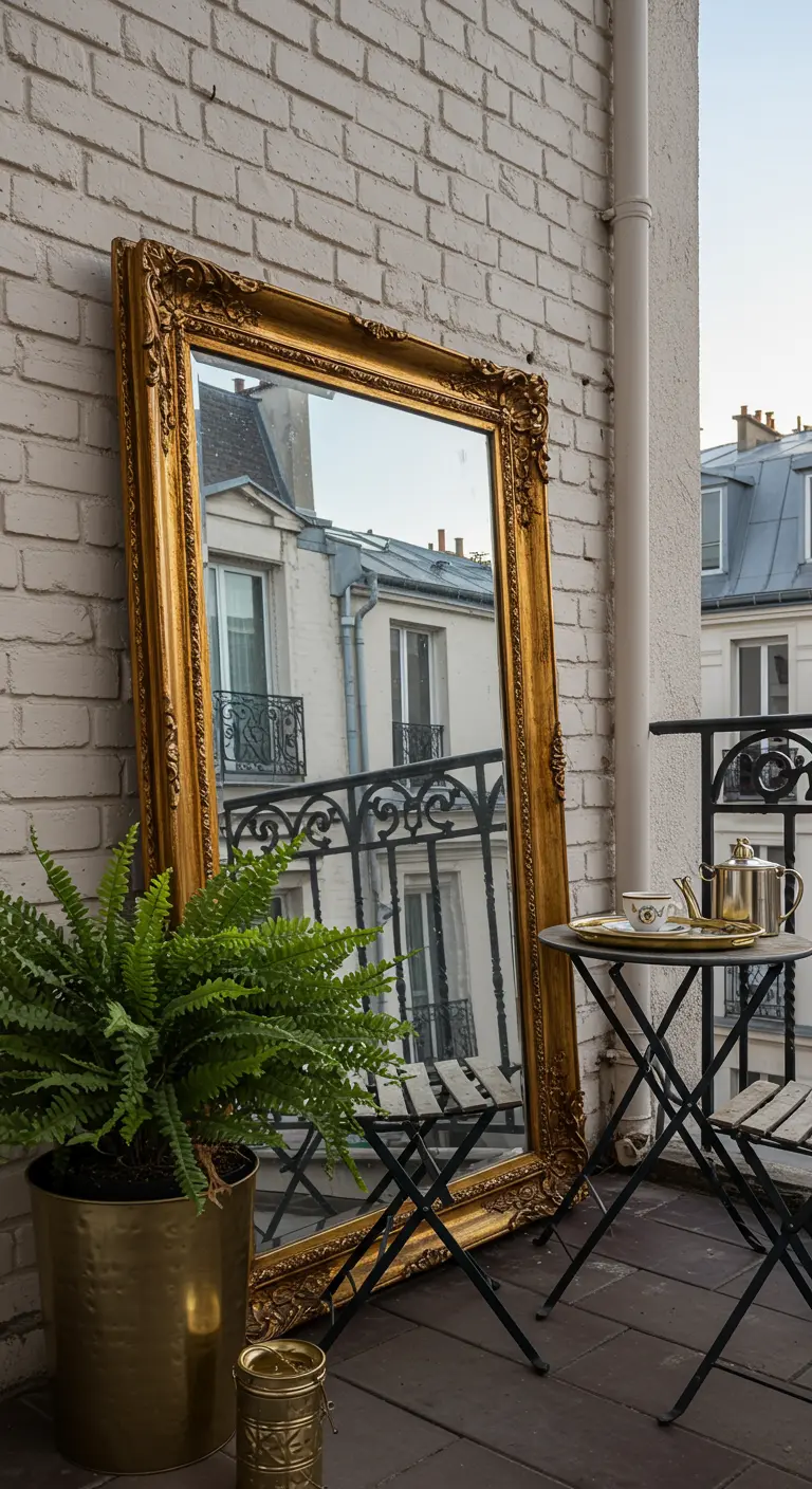 Espejo dorado de estilo barroco apoyado en la pared de un balcón parisino.