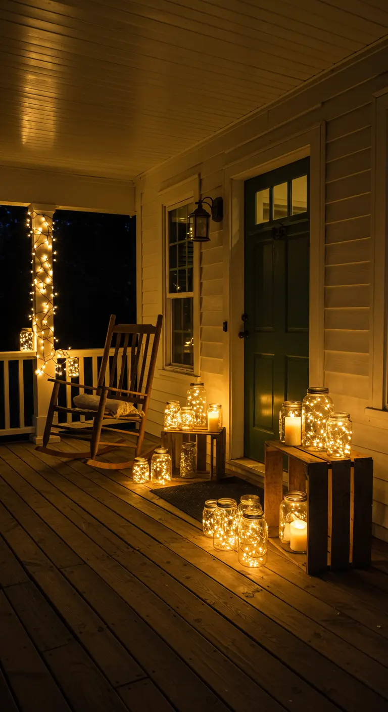 Porche de madera con mecedora y tarros de cristal iluminados con guirnaldas de luces cálidas.