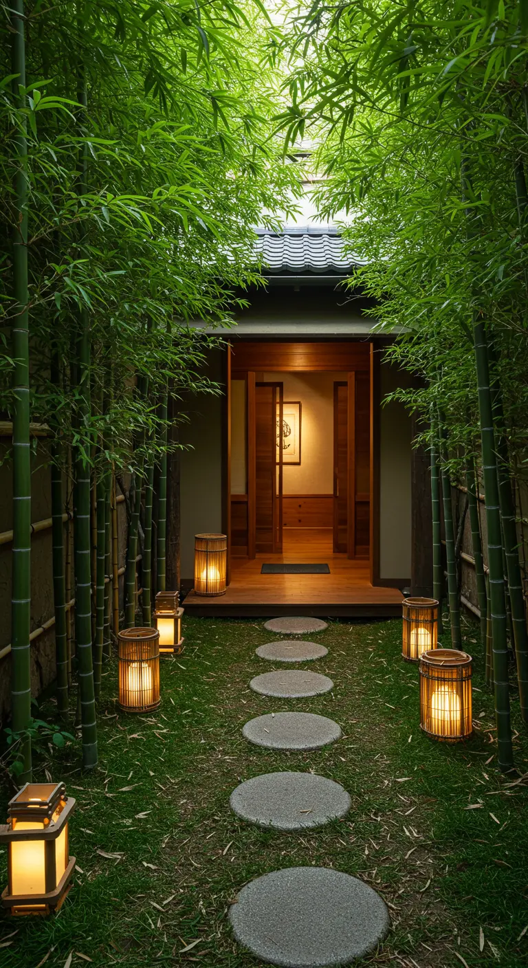 Camino de piedras iluminado por linternas de suelo a través de un denso bosque de bambú hacia una casa.