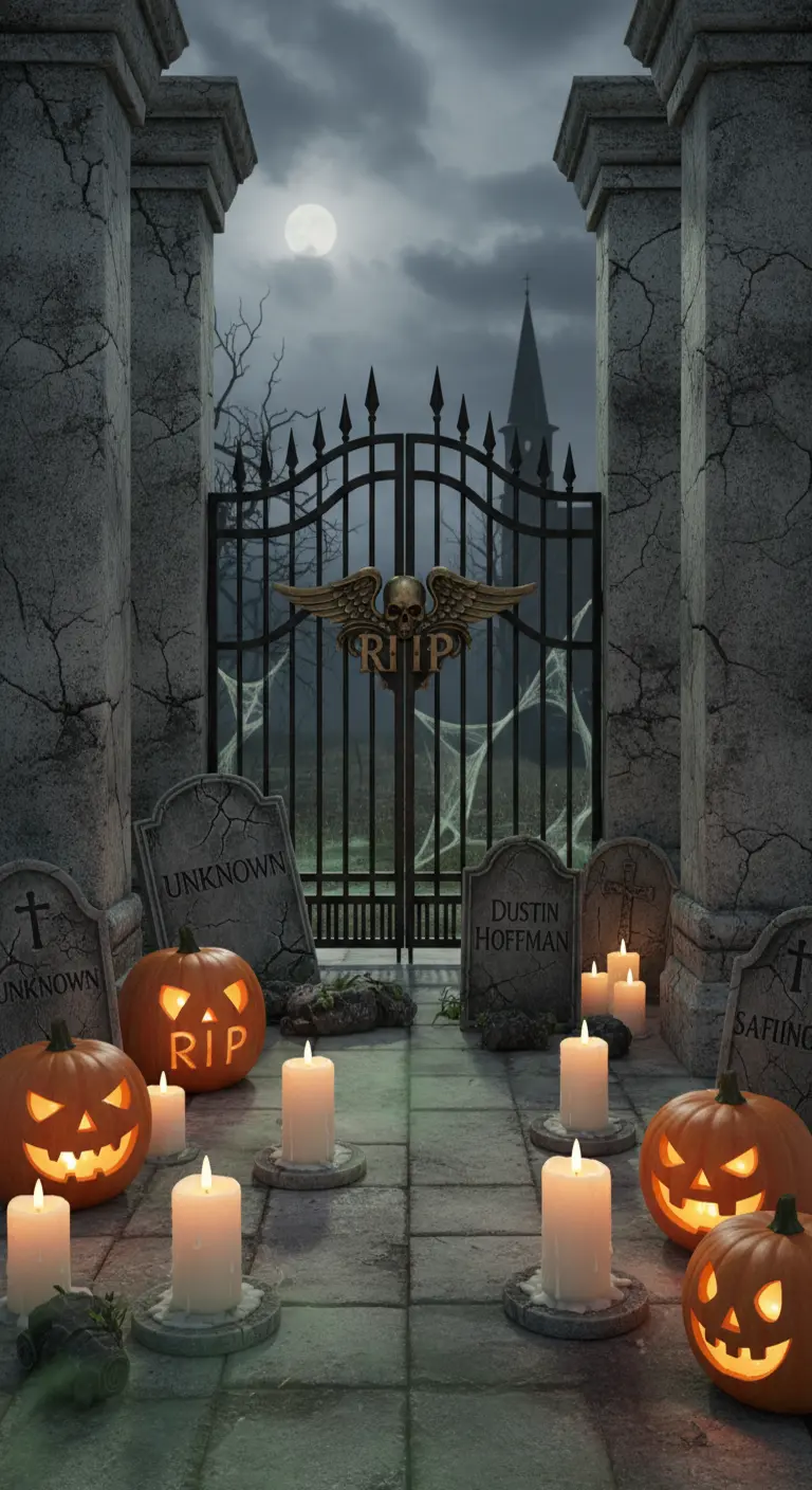 Balcón convertido en cementerio con lápidas DIY, calabazas y una reja tétrica.