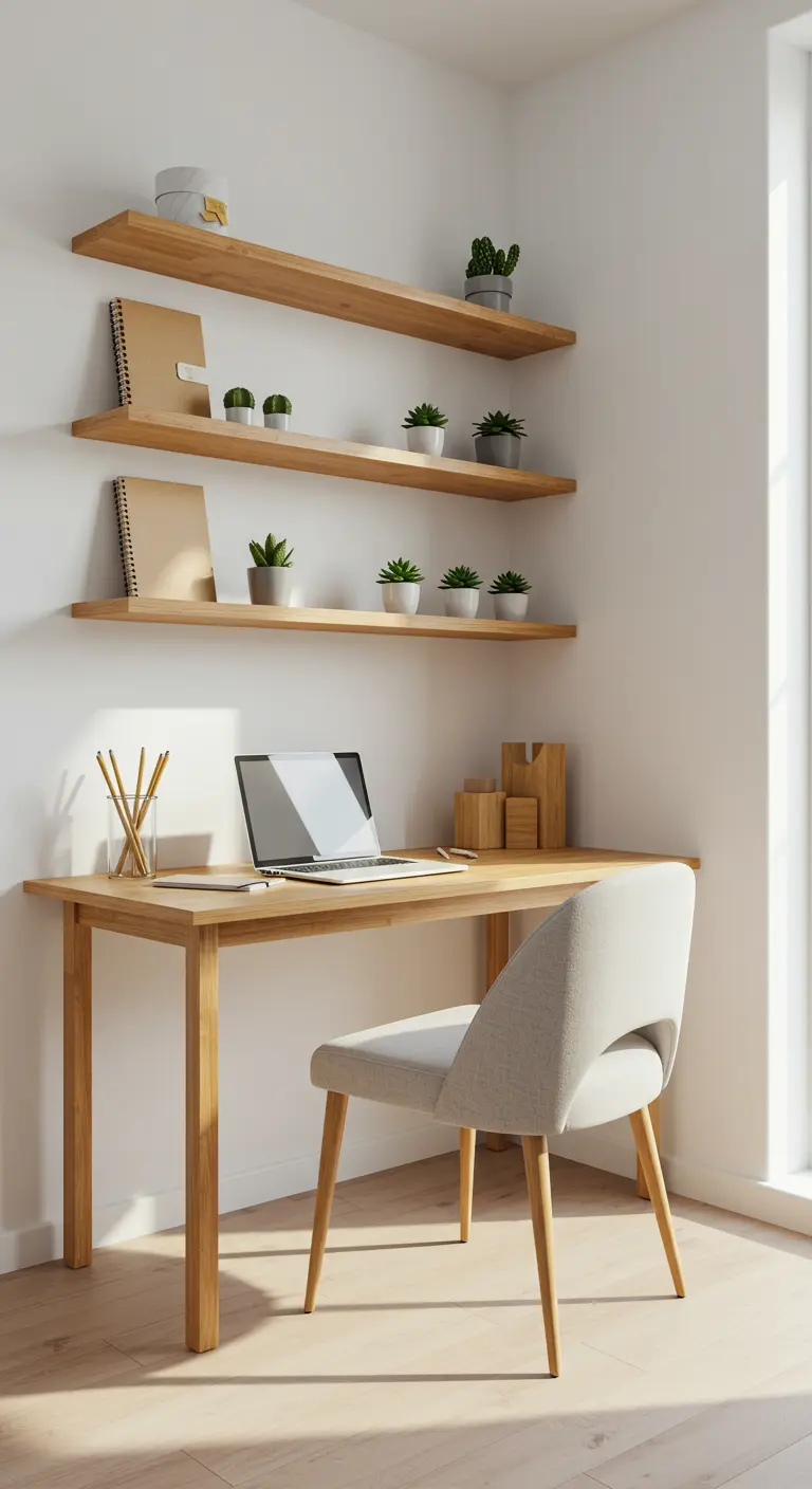 Rincón de oficina minimalista con escritorio de madera y estanterías flotantes con plantas.