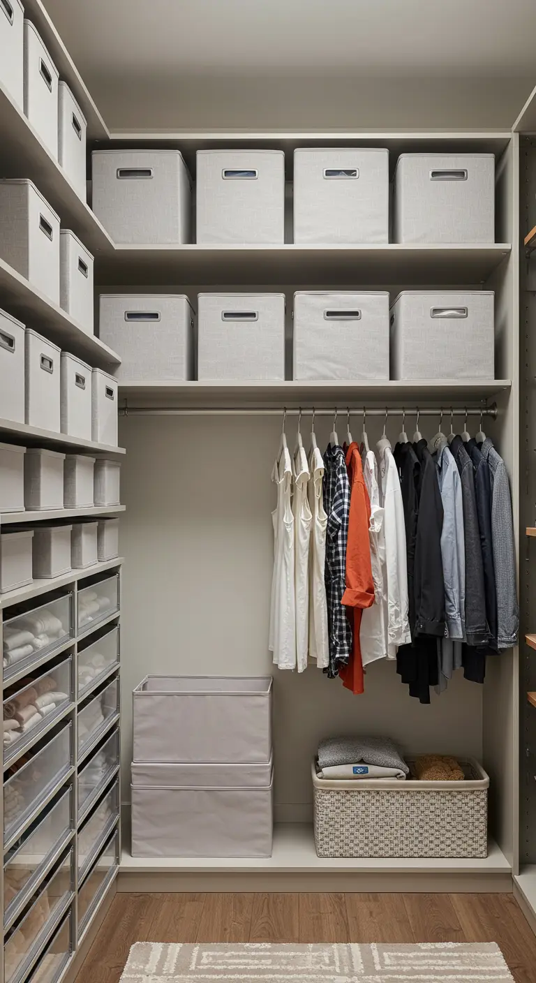 Vestidor organizado con estanterías altas llenas de cajas de almacenaje grises.