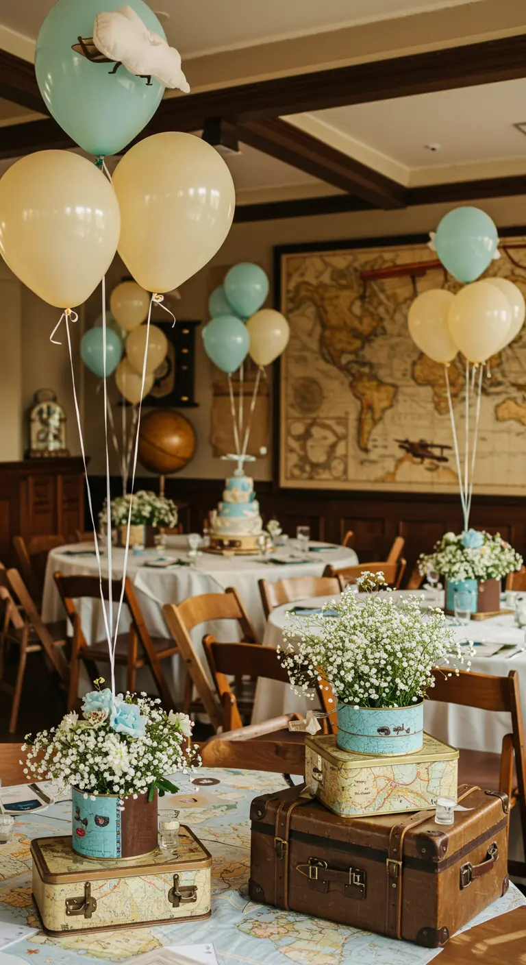 Centros de mesa con temática de viaje, globos y flores sobre maletas vintage.