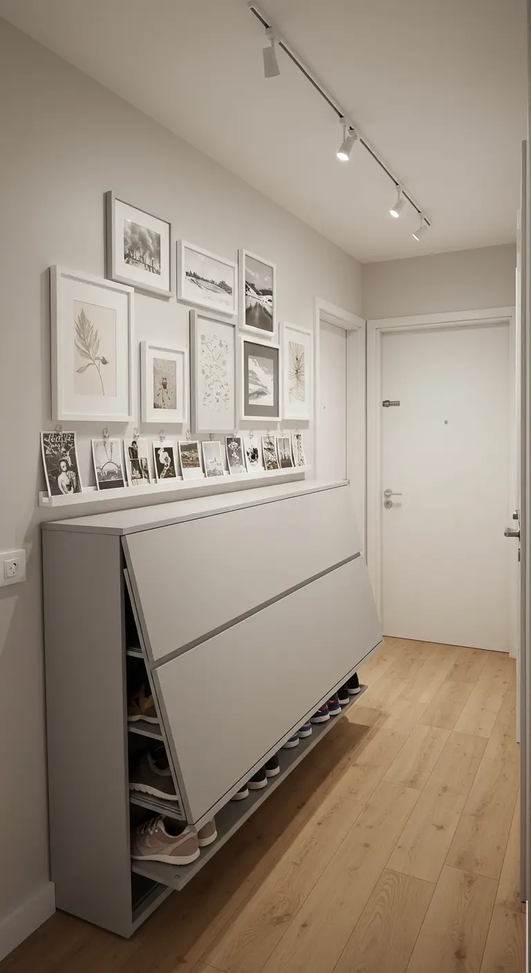 Zapatero abatible de color gris claro con una repisa superior llena de cuadros y fotografías.