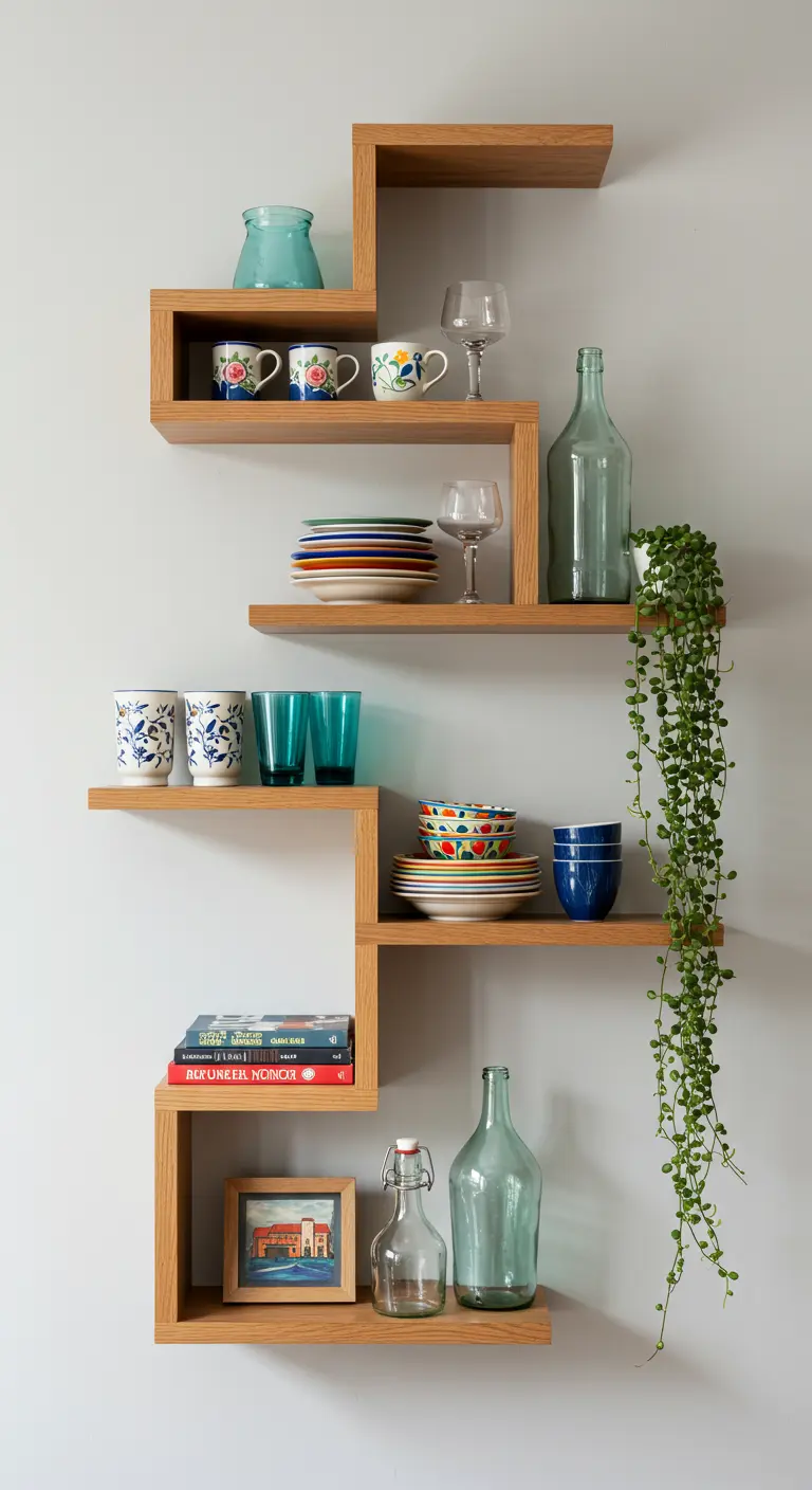 Estantería flotante de madera de roble con diseño geométrico en zig-zag y objetos decorativos