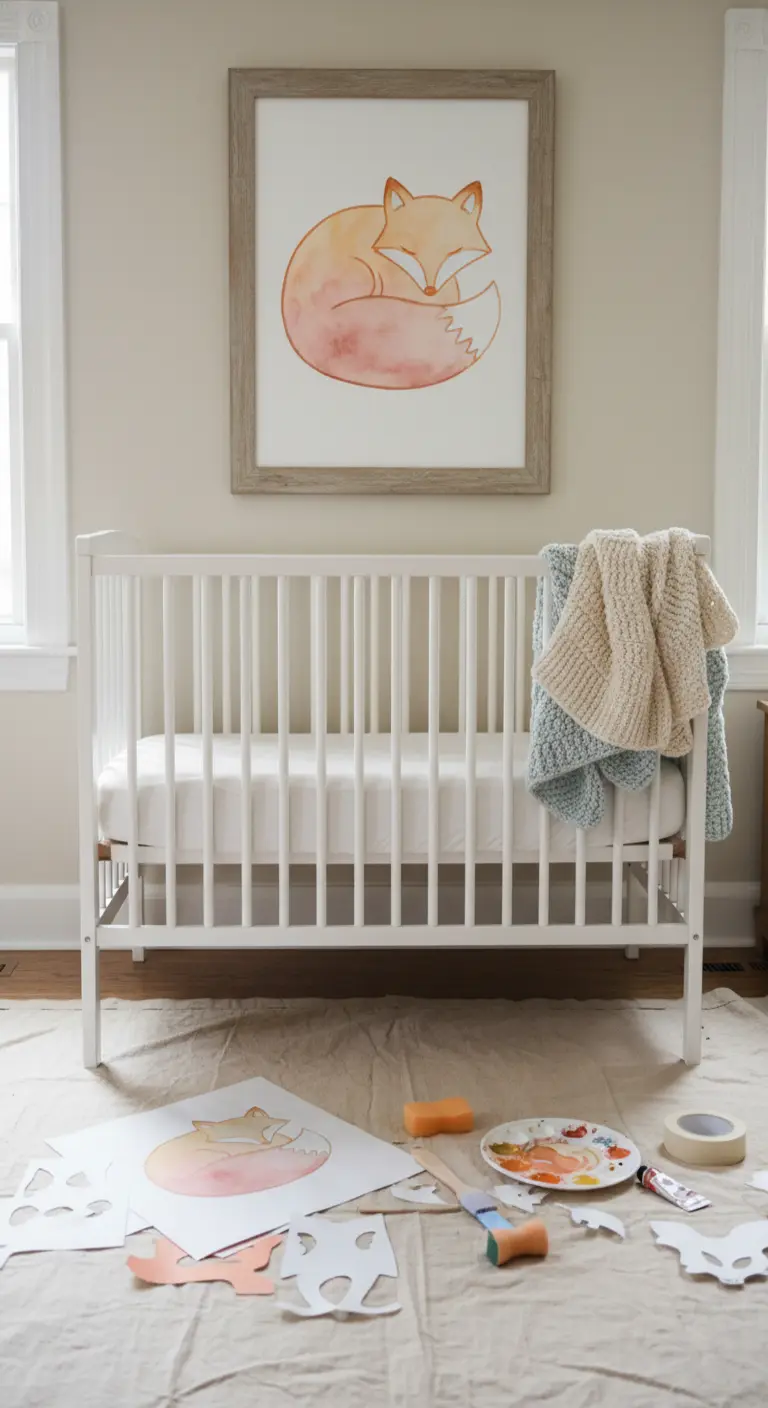 Cuadro de un zorro durmiendo pintado con acuarela naranja sobre la cuna de un bebé.