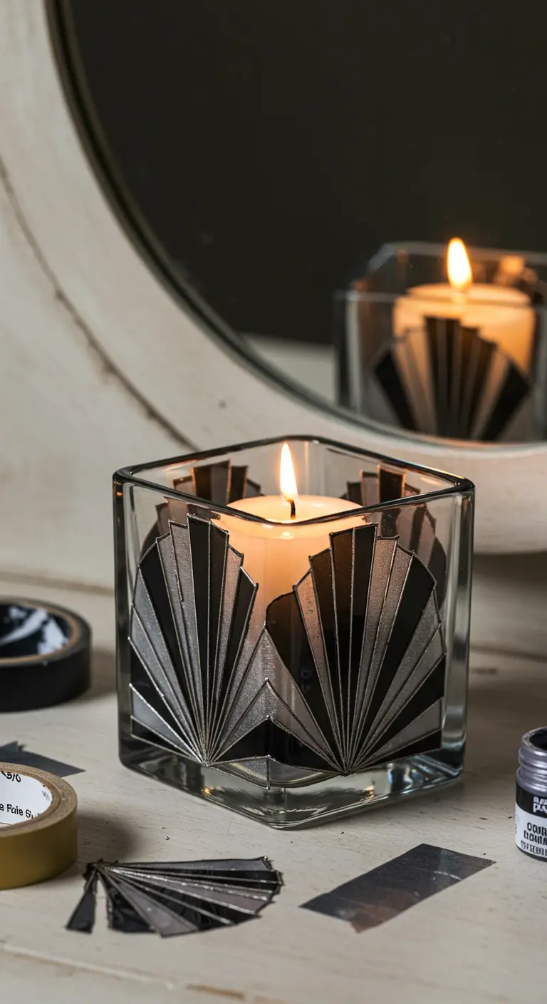 Portavelas de cristal cuadrado con un patrón de abanicos Art Déco en plata y negro.