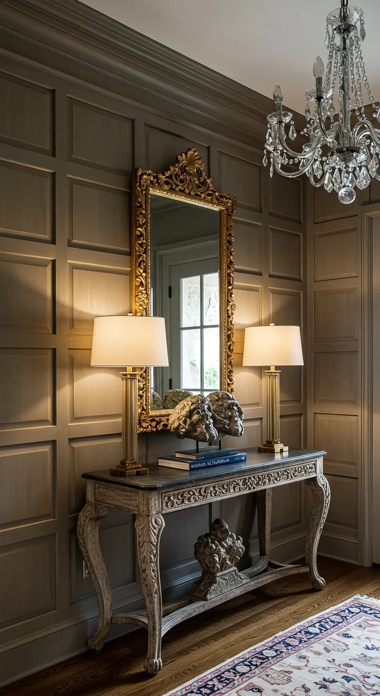 Entrada clásica con boiserie en las paredes, consola antigua y espejo dorado ornamentado