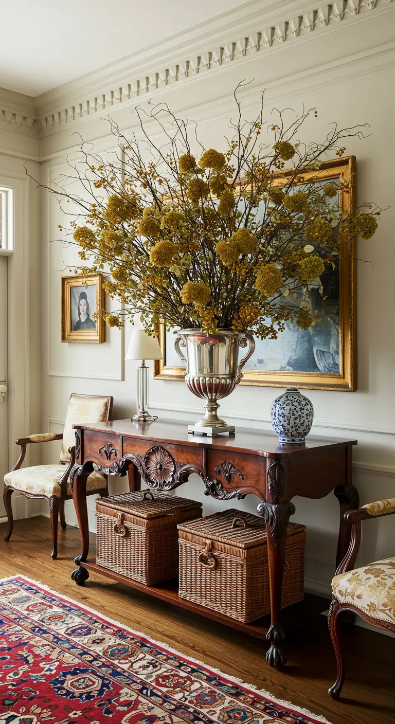 Recibidor clásico con consola ornamentada, gran urna de plata con flores secas y cestas de mimbre.