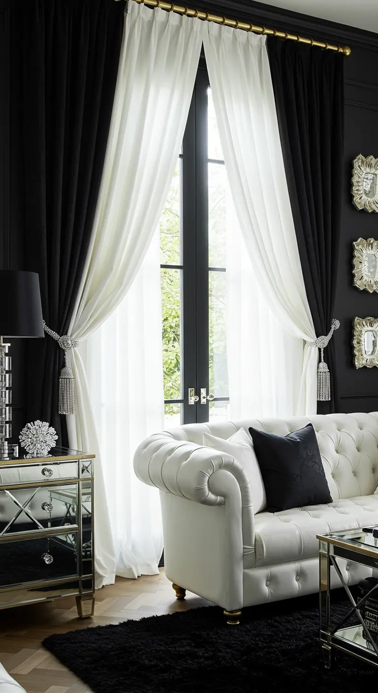 Cortinas negras y blancas de alto contraste en una elegante sala de estar.