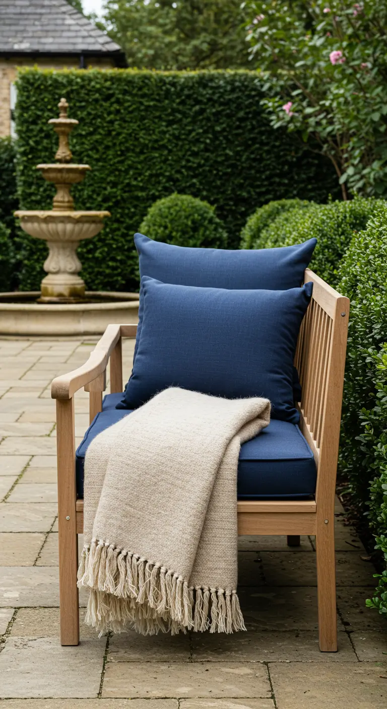 Silla de jardín de madera de teca con cojines de color azul marino y una manta de lana beige con flecos.
