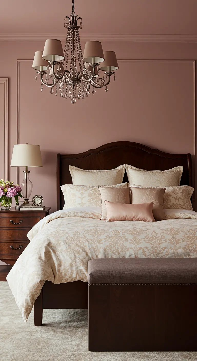 Dormitorio tradicional con muebles de madera oscura, paredes malva y ropa de cama estampada.